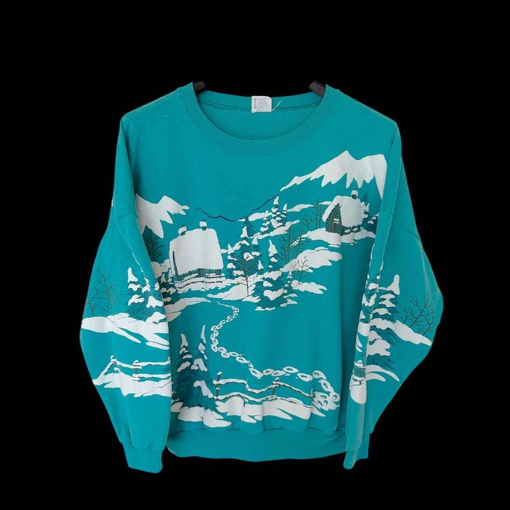 Lifestyles 80's Teal Winter Cabin Puff Print Sweatshirt Oversized‎ One Size